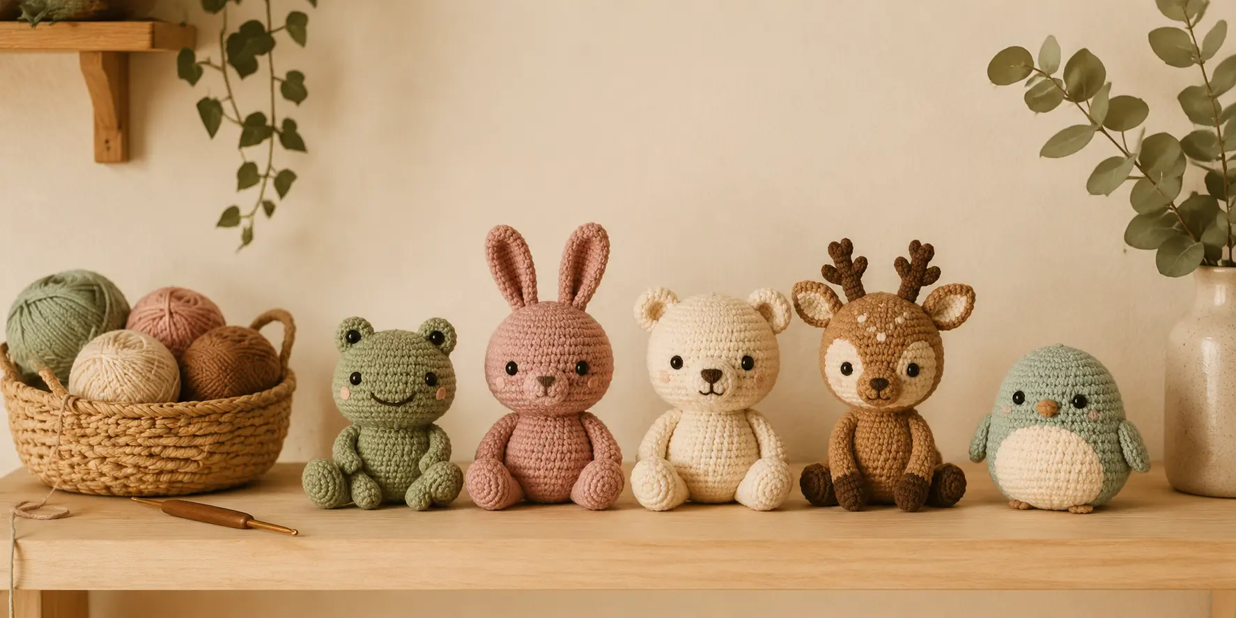 Первая коллекция простых игрушек амигуруми на полке