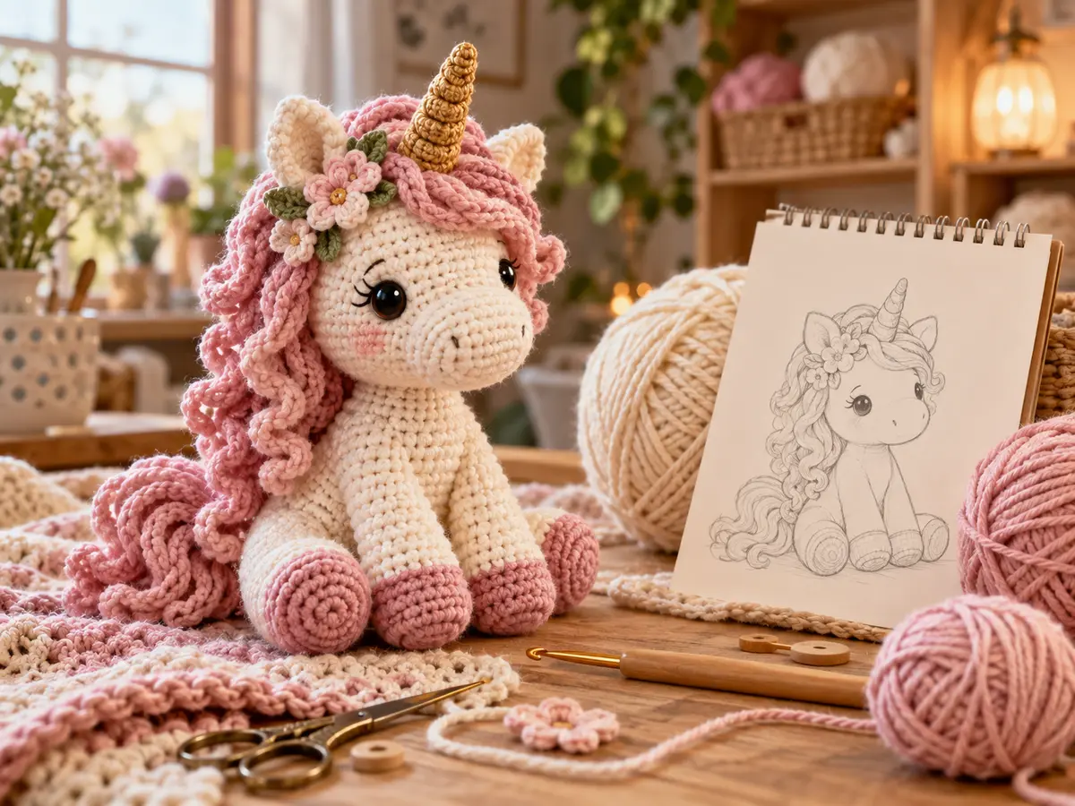 Единорог амигуруми рядом с эскизом