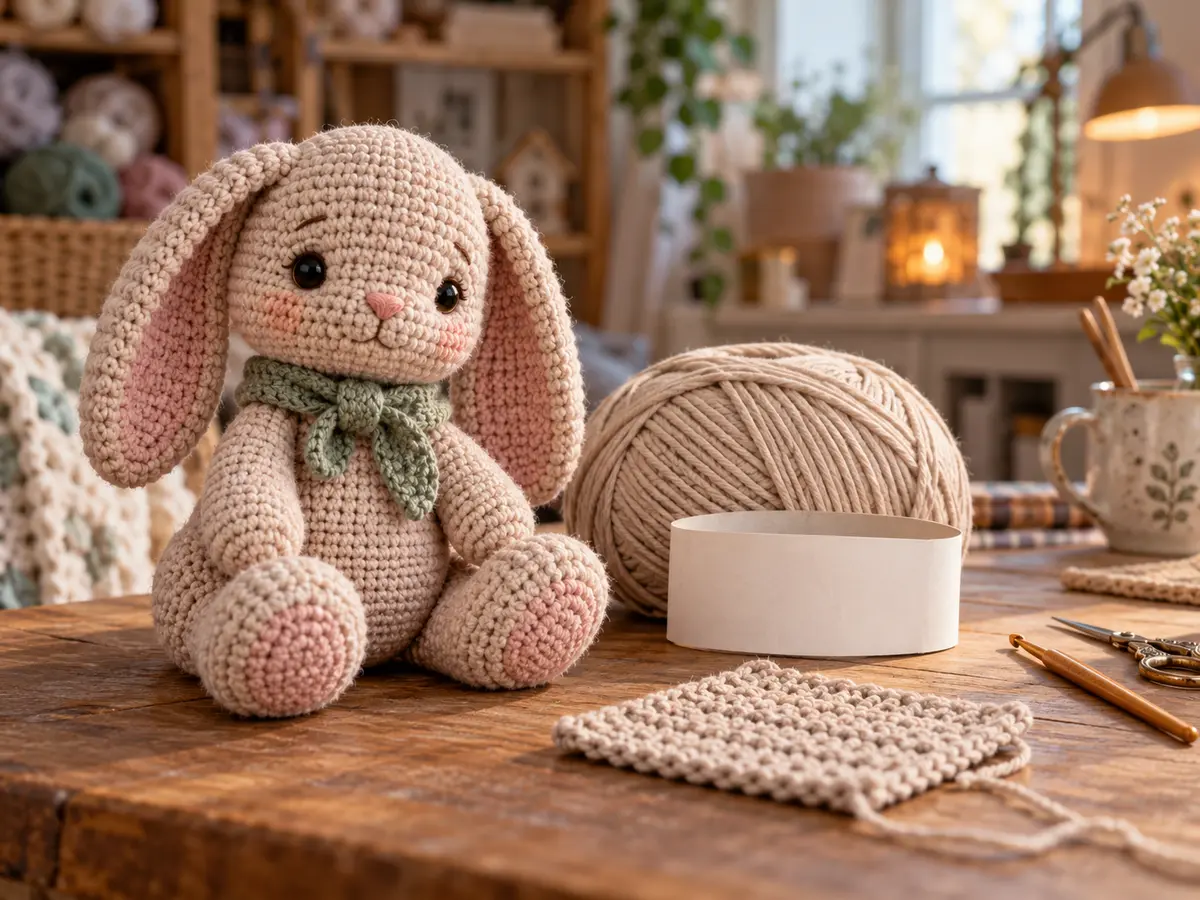 Игрушка, мотки и образец пряжи