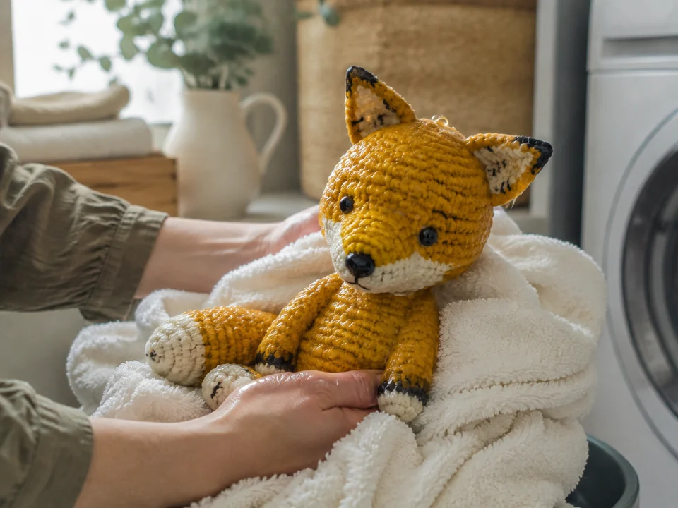 Мокрая игрушка амигуруми на полотенце